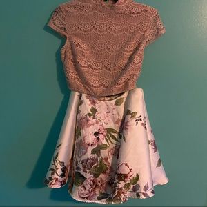 Floral Pink Two Piece Semi Formal Dress
